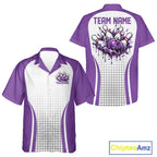 Custom White And Purple Dripping Bowling League And Button Up Shirt, Team Tournament Jersey