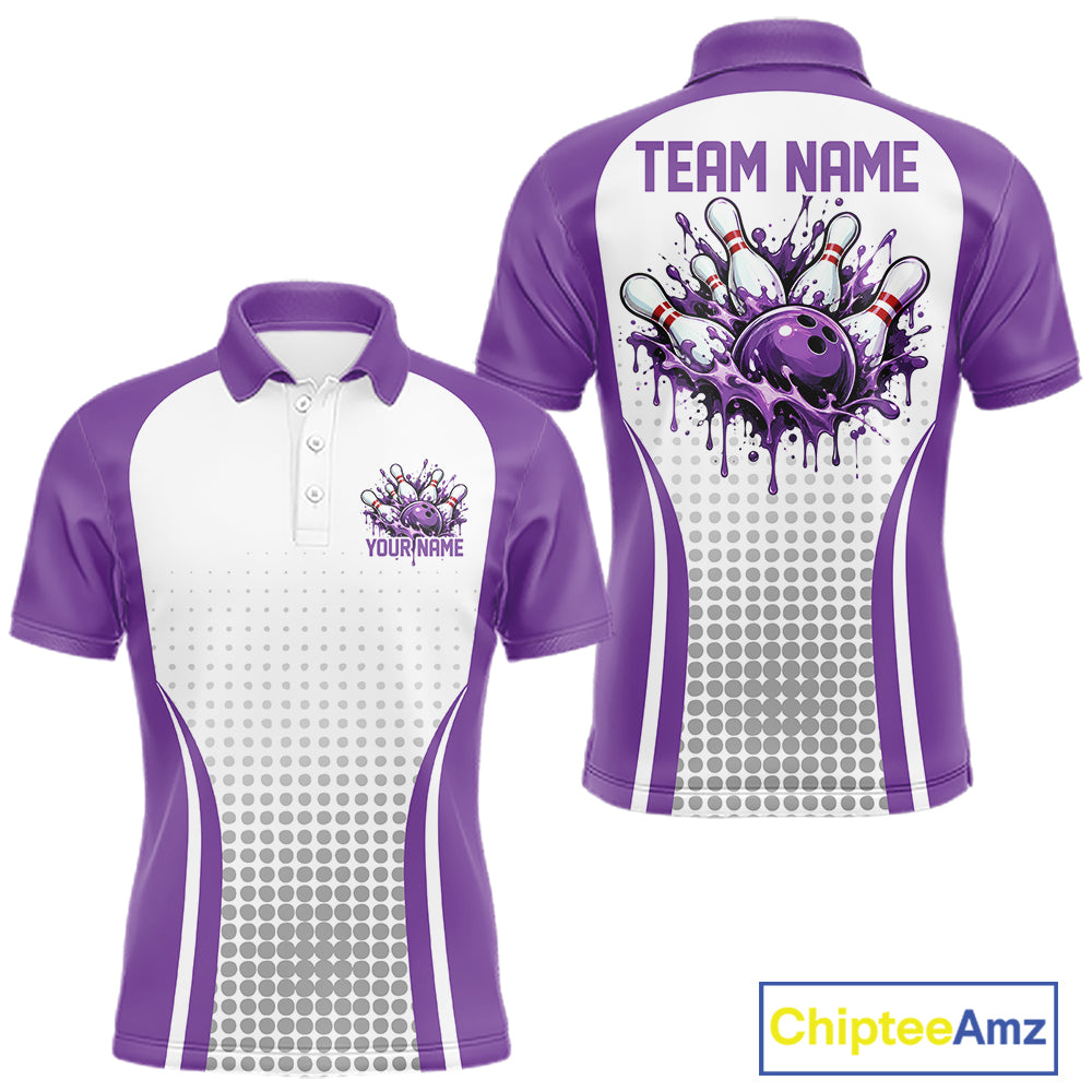 Custom White And Purple Dripping Bowling League Polo Shirt, Team Tournament Jersey