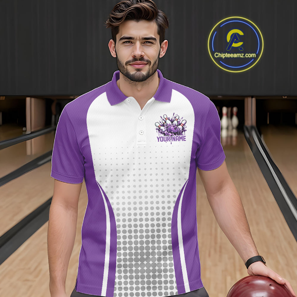Custom White And Purple Dripping Bowling League Polo Shirt, Team Tournament Jersey