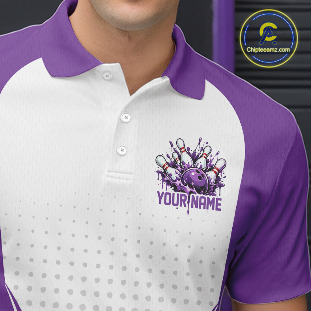 Custom White And Purple Dripping Bowling League Polo Shirt, Team Tournament Jersey