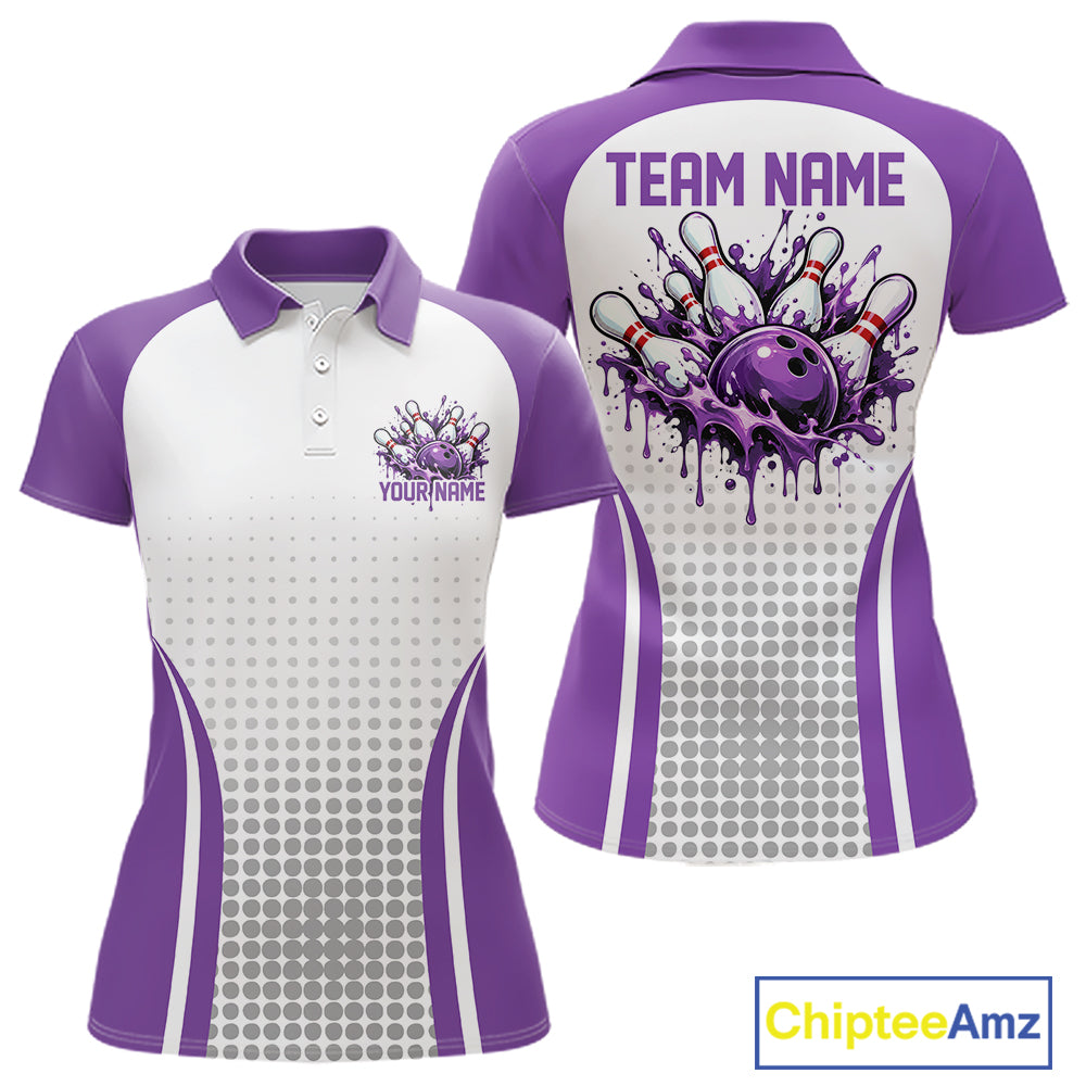 Custom White And Purple Dripping Bowling League Polo Shirt, Team Tournament Jersey