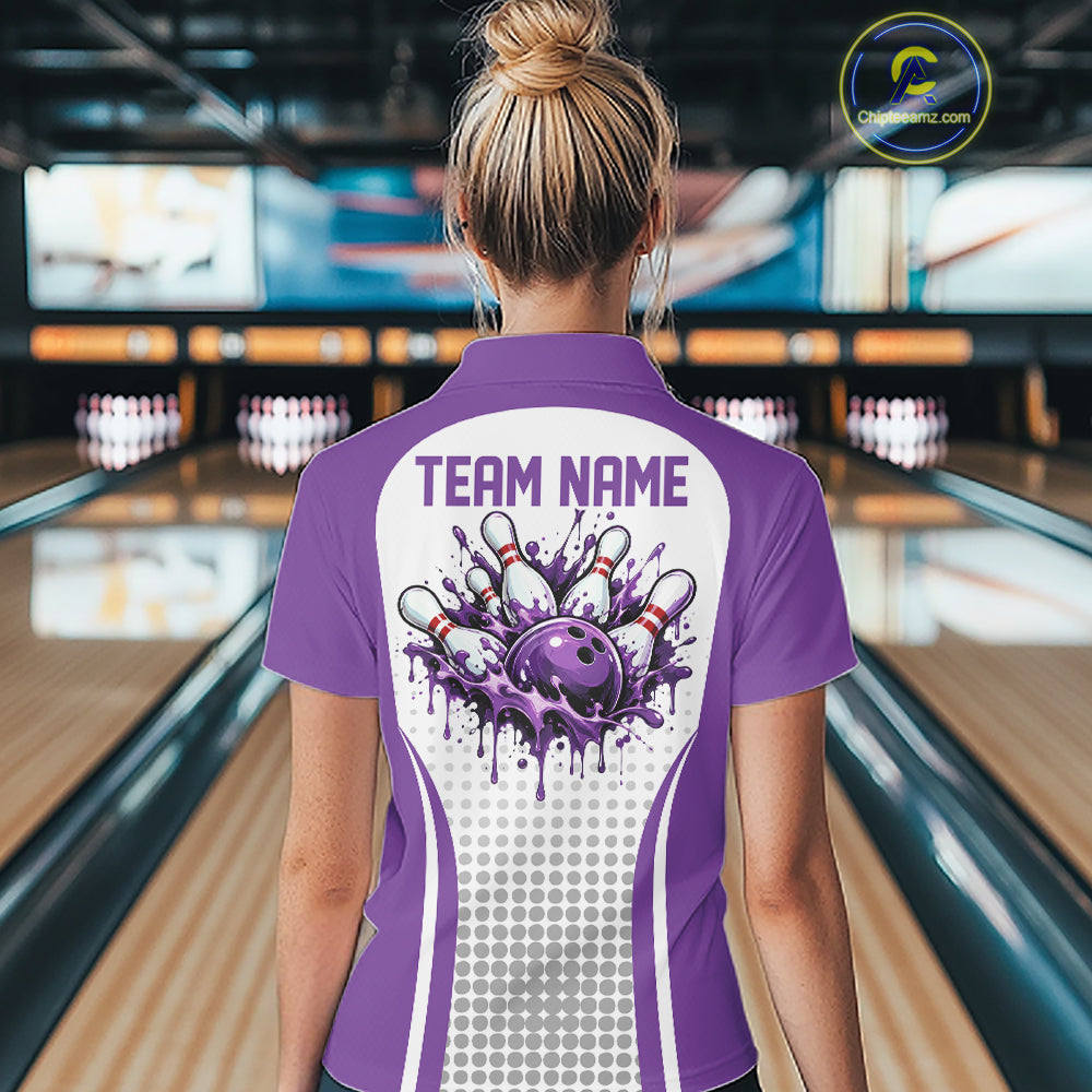 Custom White And Purple Dripping Bowling League Polo Shirt, Team Tournament Jersey