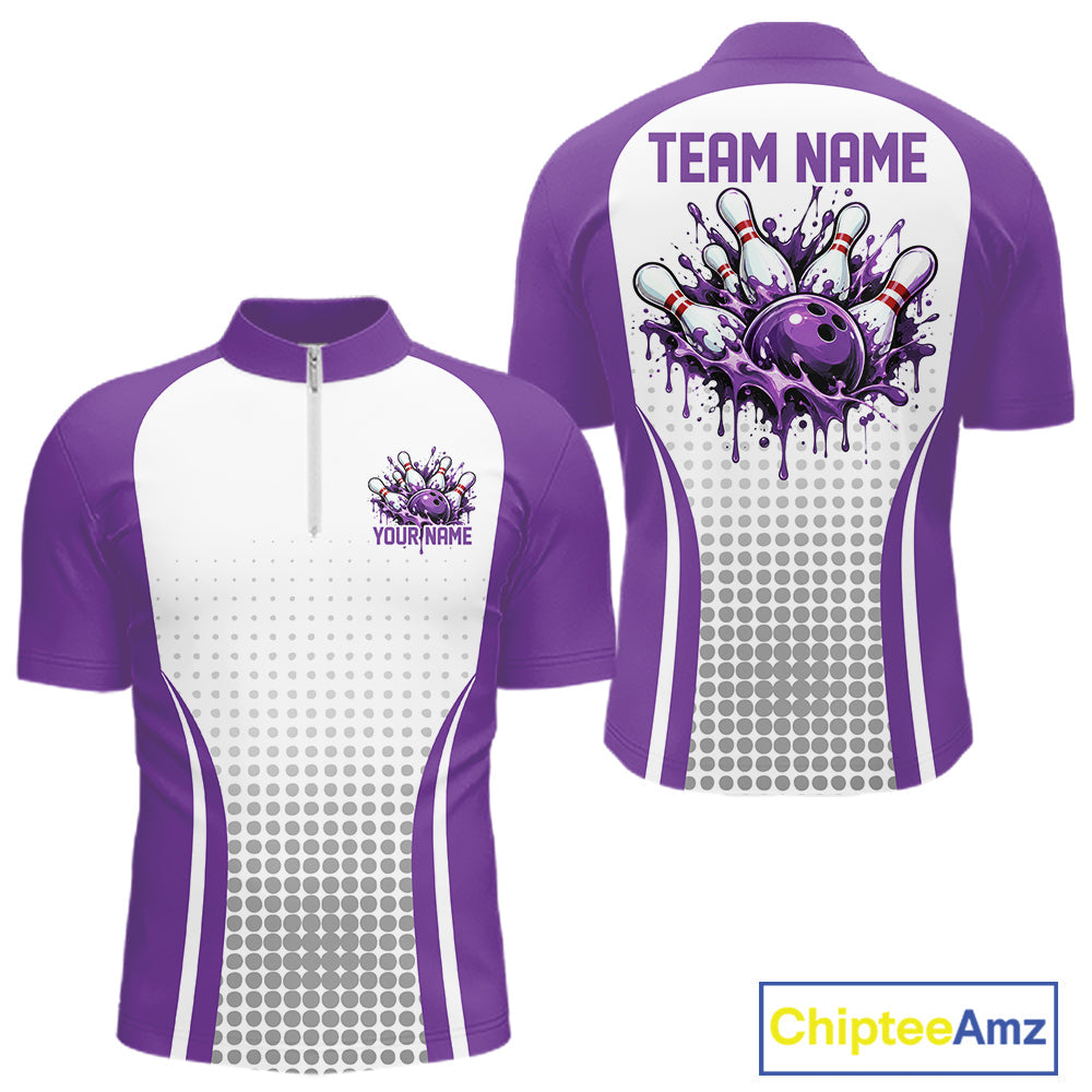 Custom White And Purple Dripping Bowling League Quarter Zip Shirt, Team Tournament Jersey