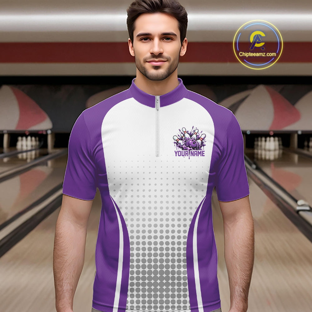 Custom White And Purple Dripping Bowling League Quarter Zip Shirt, Team Tournament Jersey