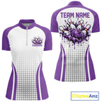 Custom White Purple Dripping Bowling League Quarter-Zip Shirt, Tournament Jersey