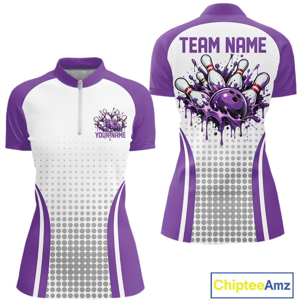 Custom White Purple Dripping Bowling League Quarter-Zip Shirt, Tournament Jersey