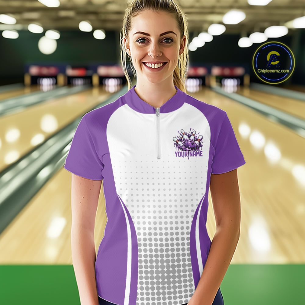 Custom White Purple Dripping Bowling League Quarter-Zip Shirt, Tournament Jersey