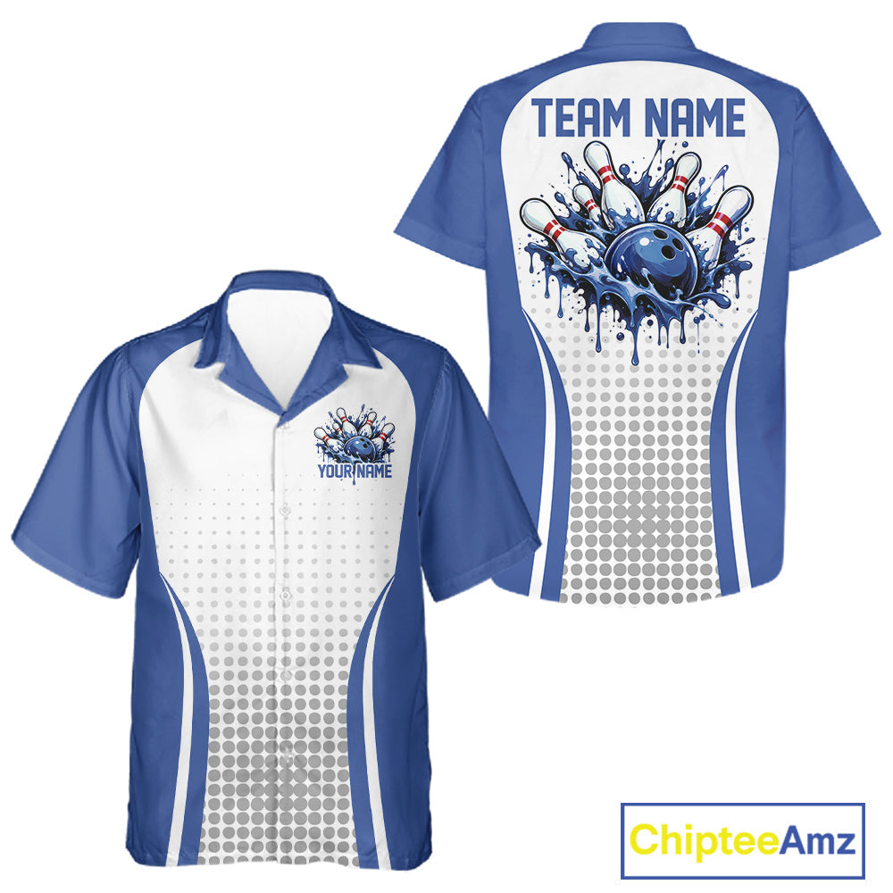 Custom White And Blue Dripping Bowling League And Button Up Shirt, Team Tournament Jersey