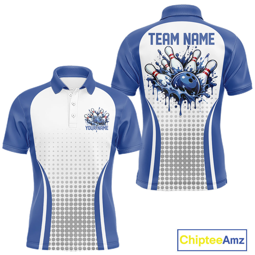 Custom White And Blue Dripping Bowling League Polo Shirt, Team Tournament Jersey
