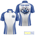 Custom White And Blue Dripping Bowling League Polo Shirt, Team Tournament Jersey