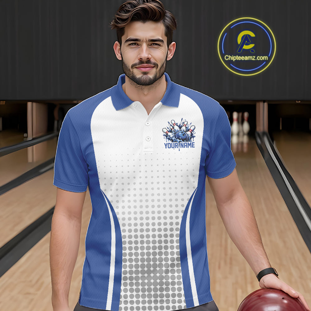 Custom White And Blue Dripping Bowling League Polo Shirt, Team Tournament Jersey