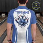 Custom White And Blue Dripping Bowling League Polo Shirt, Team Tournament Jersey