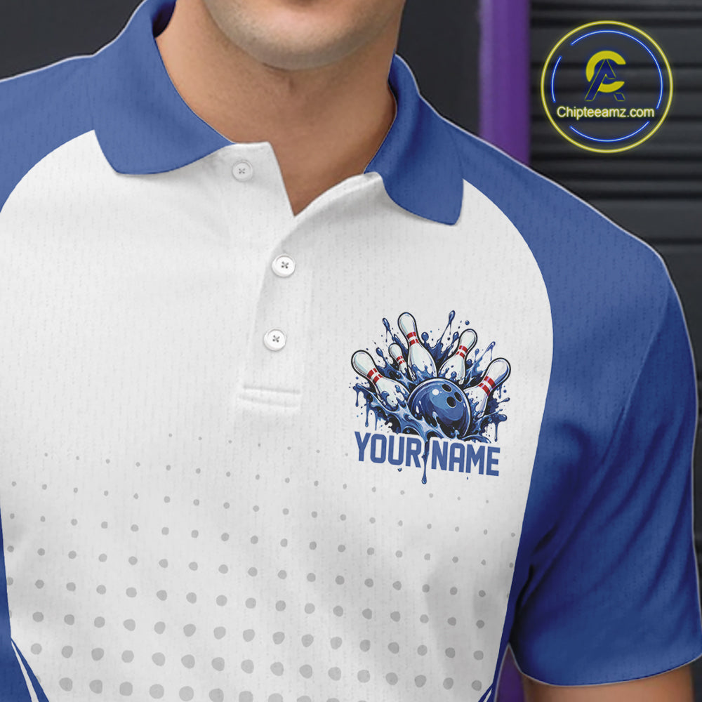 Custom White And Blue Dripping Bowling League Polo Shirt, Team Tournament Jersey