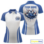 Custom White And Blue Dripping Bowling League Polo Shirt, Team Tournament Jersey
