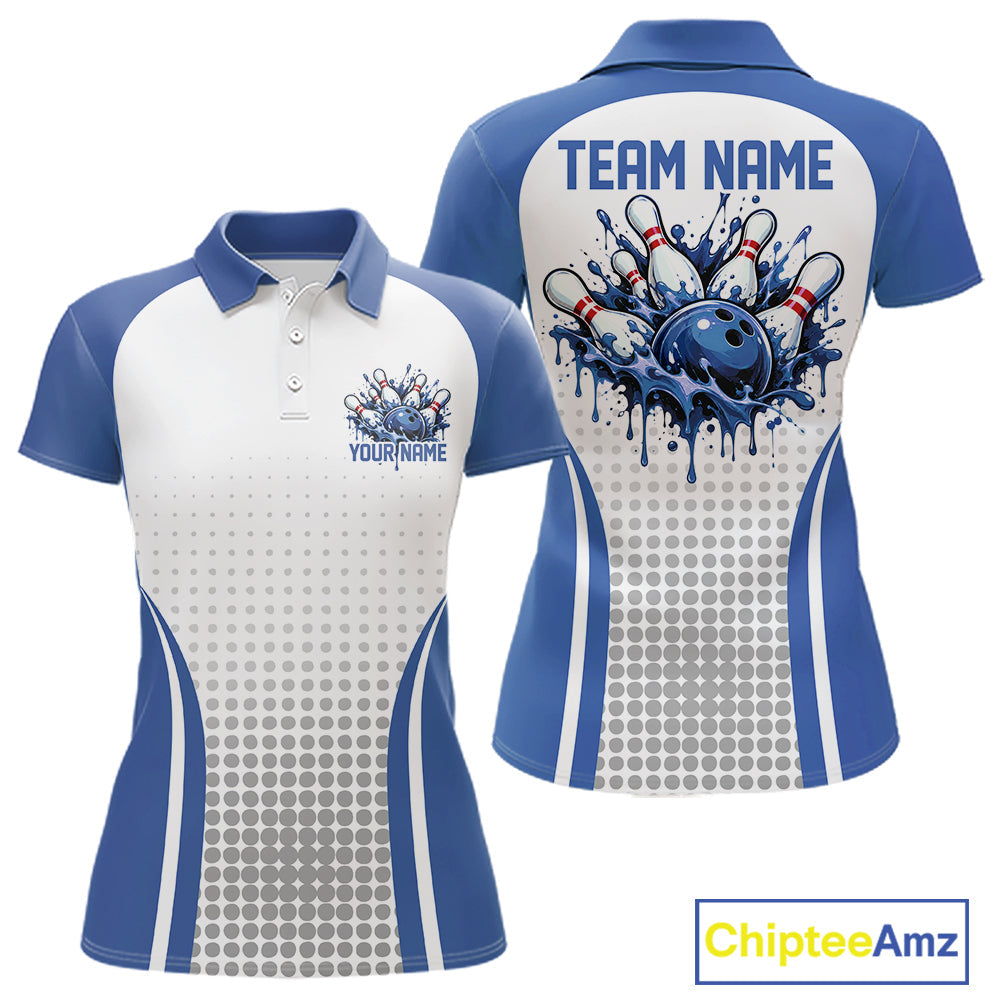 Custom White And Blue Dripping Bowling League Polo Shirt, Team Tournament Jersey