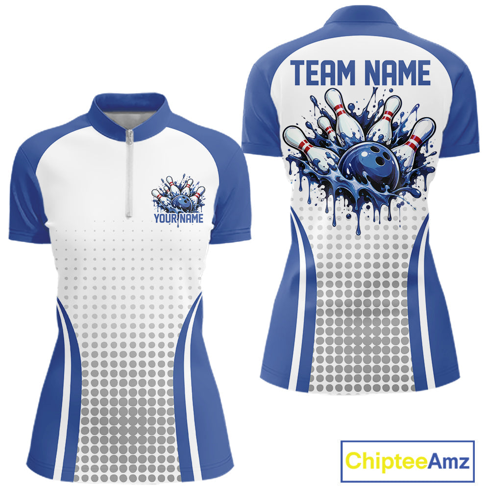 Custom White And Blue Dripping Bowling League Quarter-Zip Shirt, Tournament Jersey