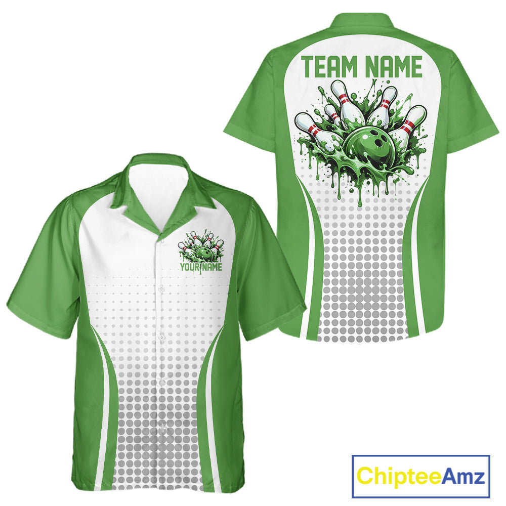 Custom White And Green Dripping Bowling League And Button Up Shirt, Team Tournament Jersey