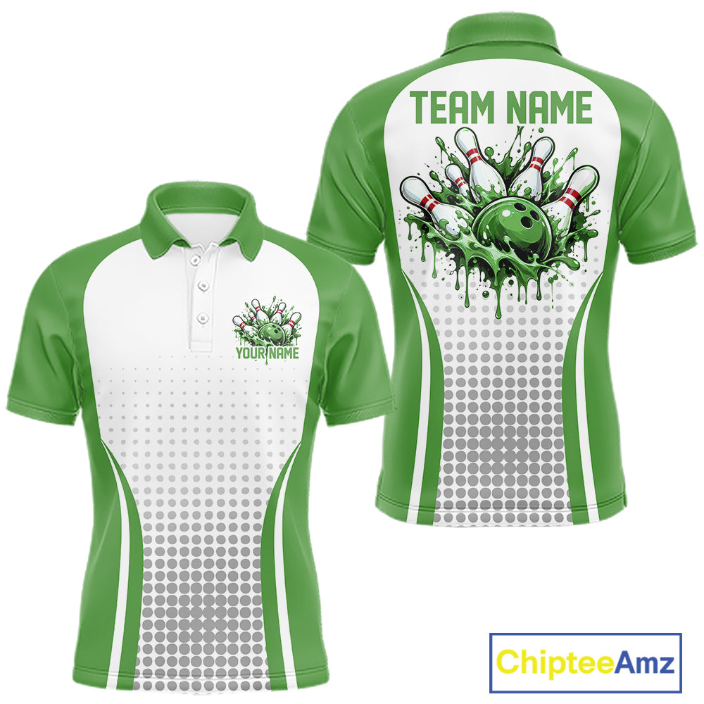 Custom White And Green Dripping Bowling League Polo Shirt, Team Tournament Jersey