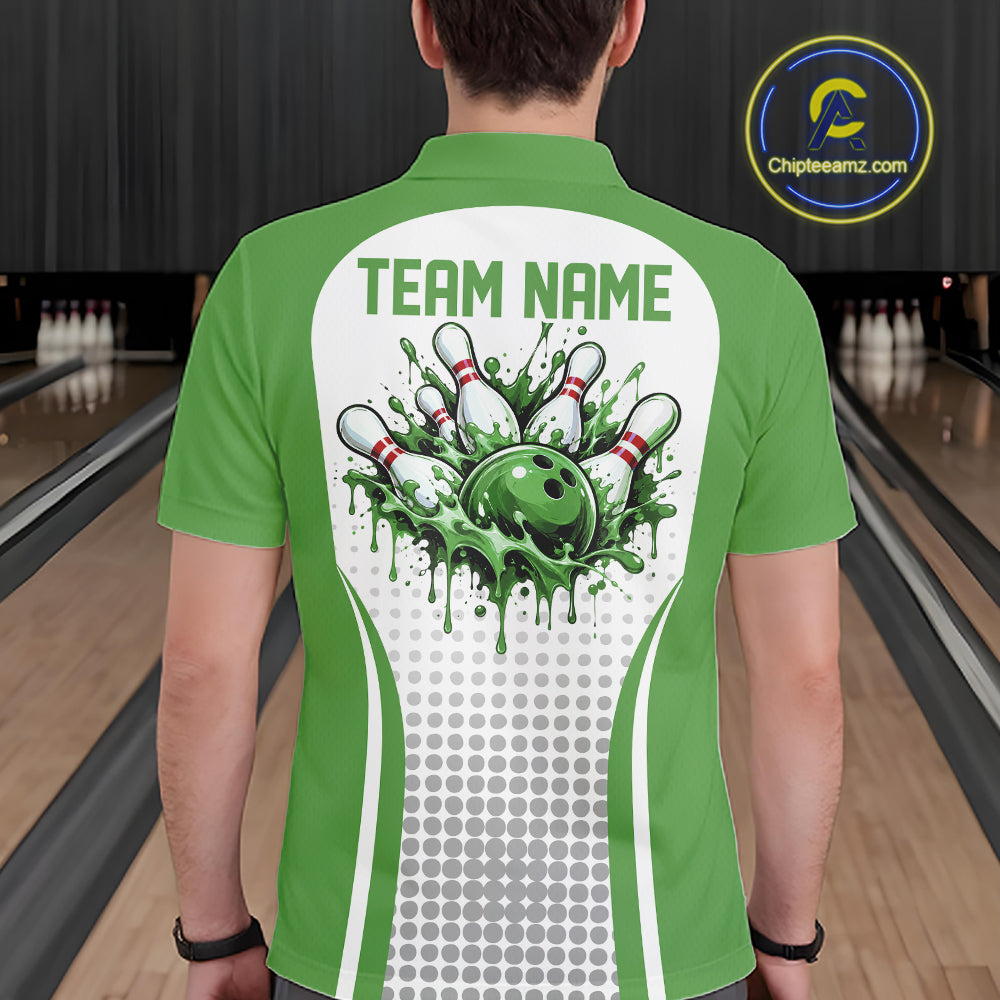 Custom White And Green Dripping Bowling League Polo Shirt, Team Tournament Jersey