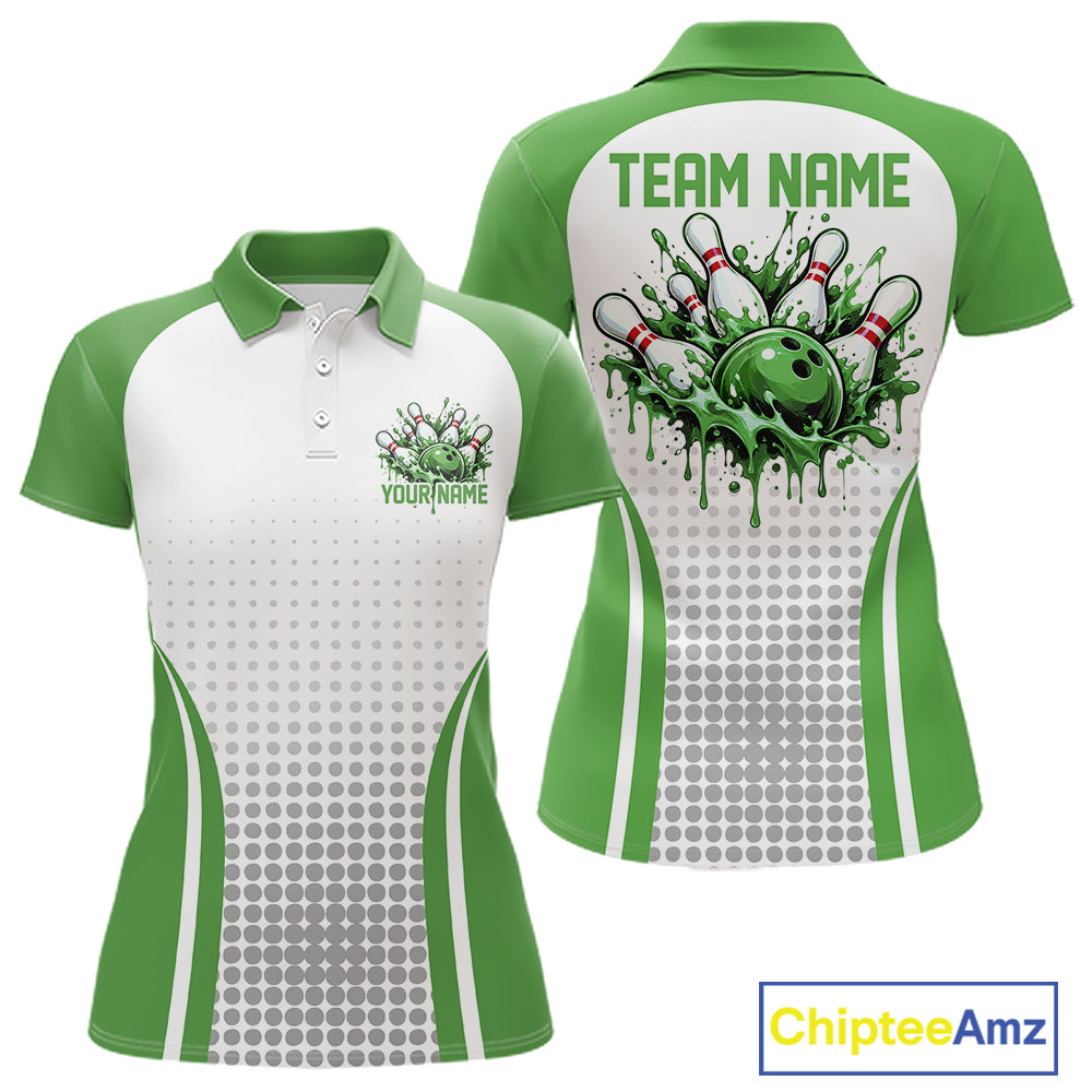 Custom White And Green Dripping Bowling League Polo Shirt, Team Tournament Jersey