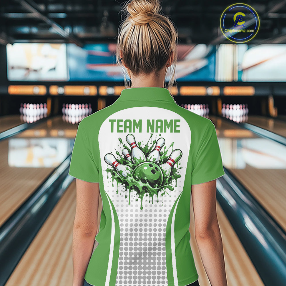 Custom White And Green Dripping Bowling League Polo Shirt, Team Tournament Jersey