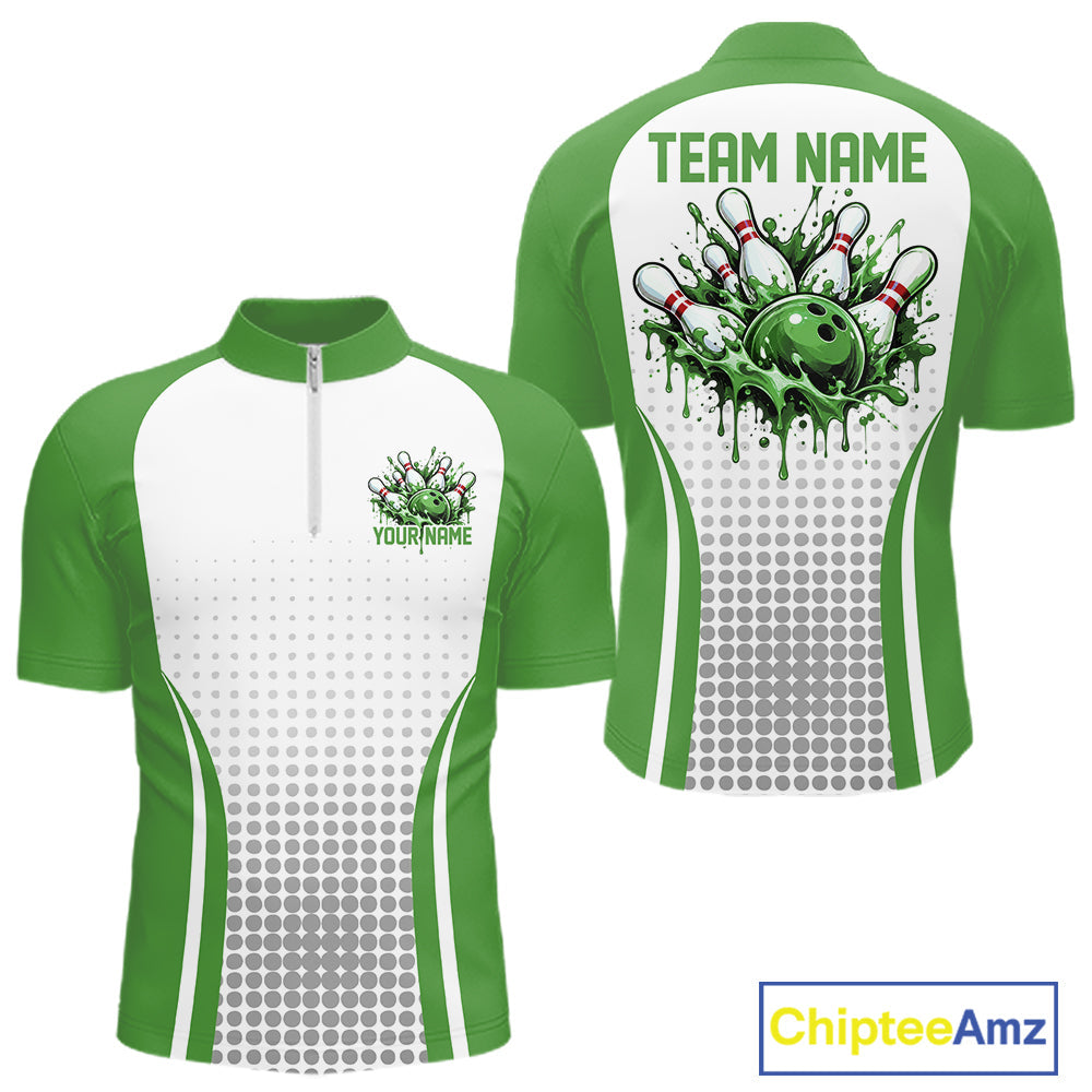 Custom White And Green Dripping Bowling League Quarter Zip Shirt, Team Tournament Jersey