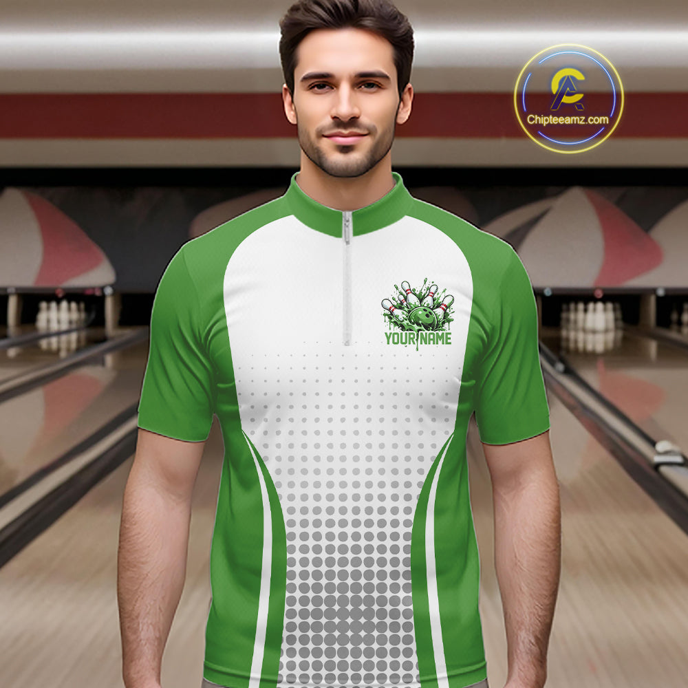 Custom White And Green Dripping Bowling League Quarter Zip Shirt, Team Tournament Jersey