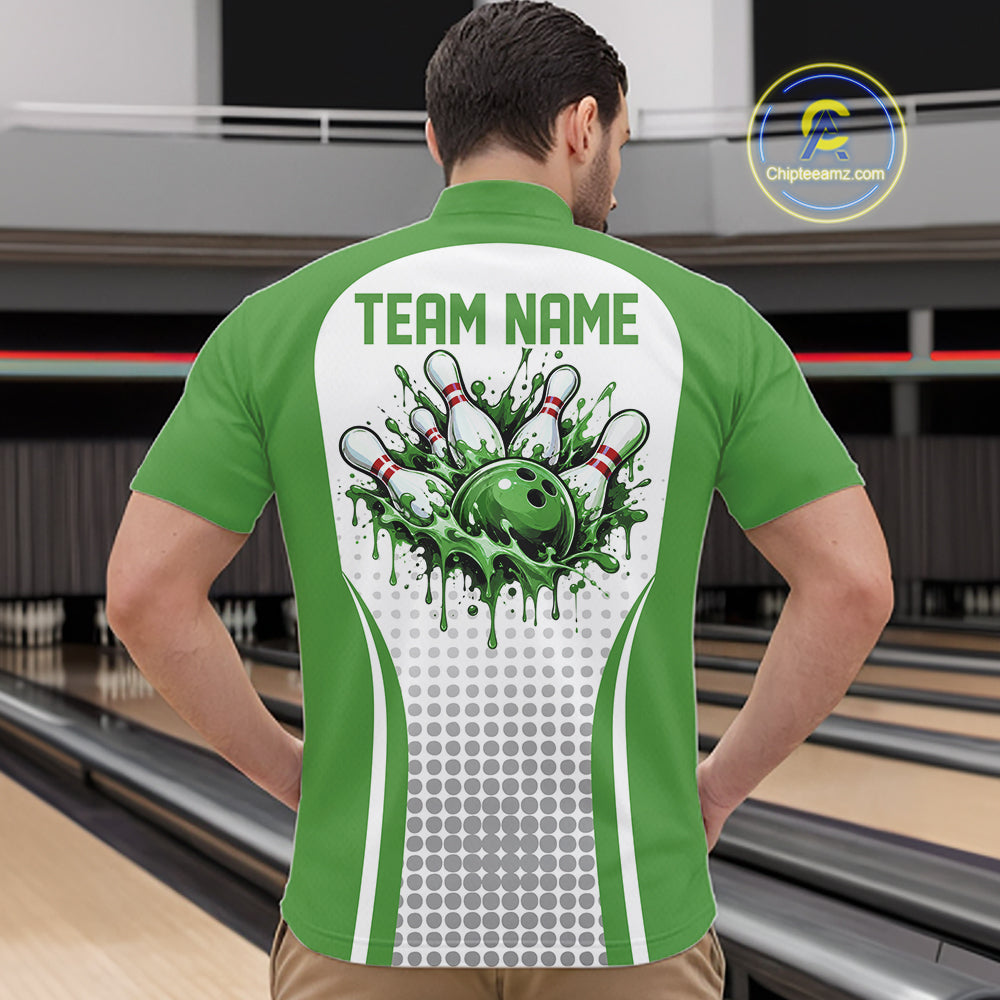 Custom White And Green Dripping Bowling League Quarter Zip Shirt, Team Tournament Jersey