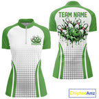 Custom White Green Dripping Bowling League Quarter-Zip Shirt, Tournament Jersey