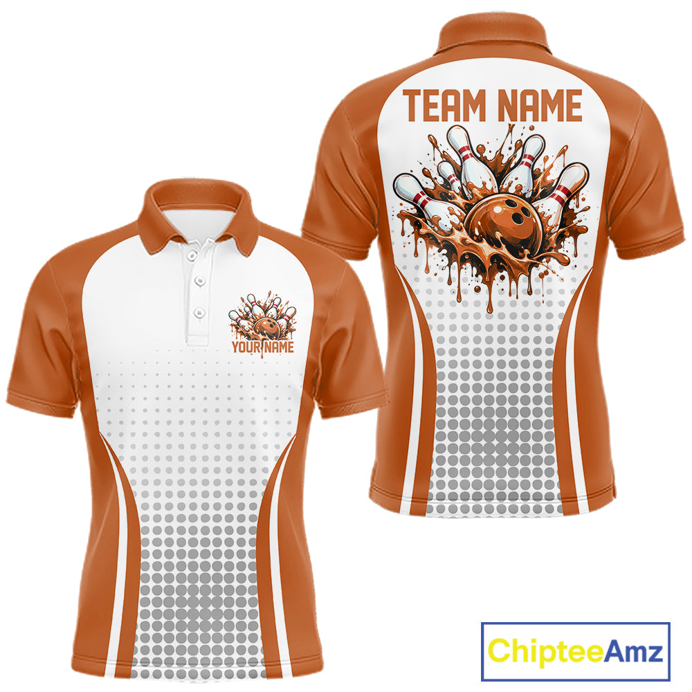 Custom White And Orange Dripping Bowling League Polo Shirt, Team Tournament Jersey