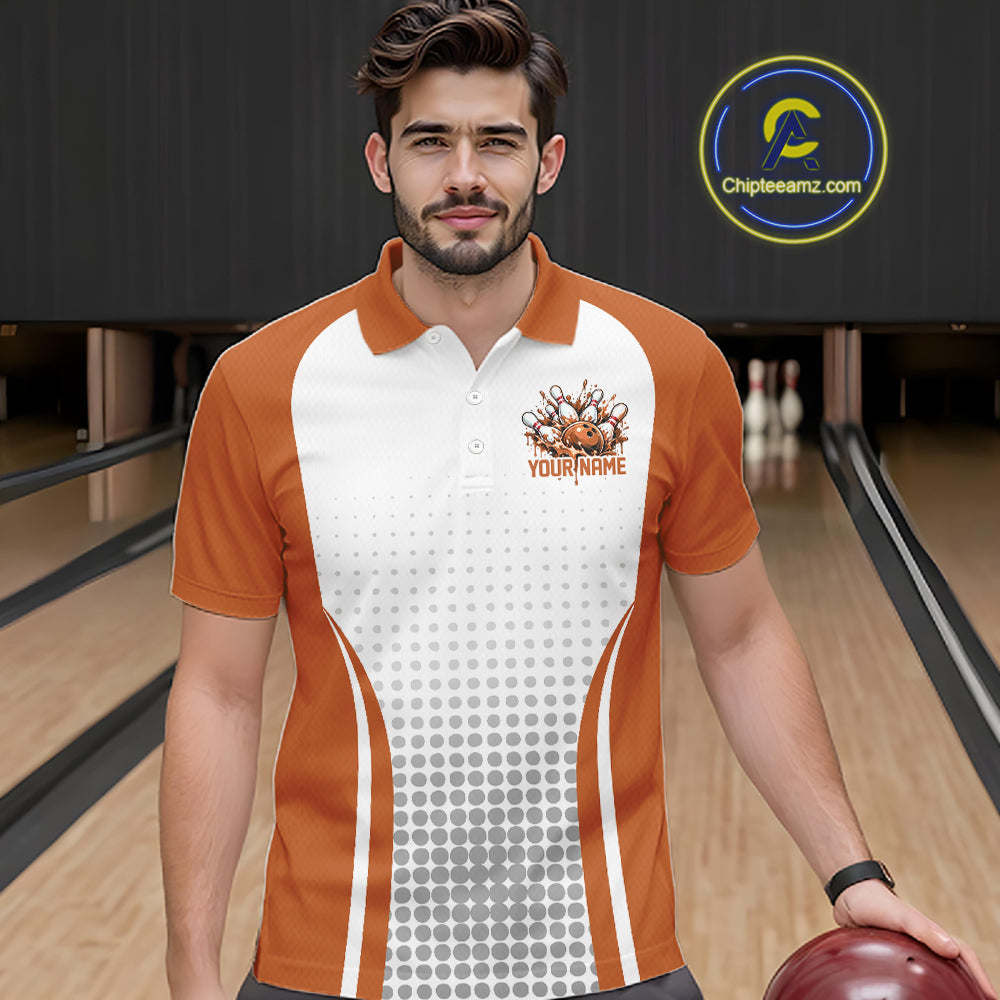 Custom White And Orange Dripping Bowling League Polo Shirt, Team Tournament Jersey