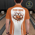 Custom White And Orange Dripping Bowling League Polo Shirt, Team Tournament Jersey