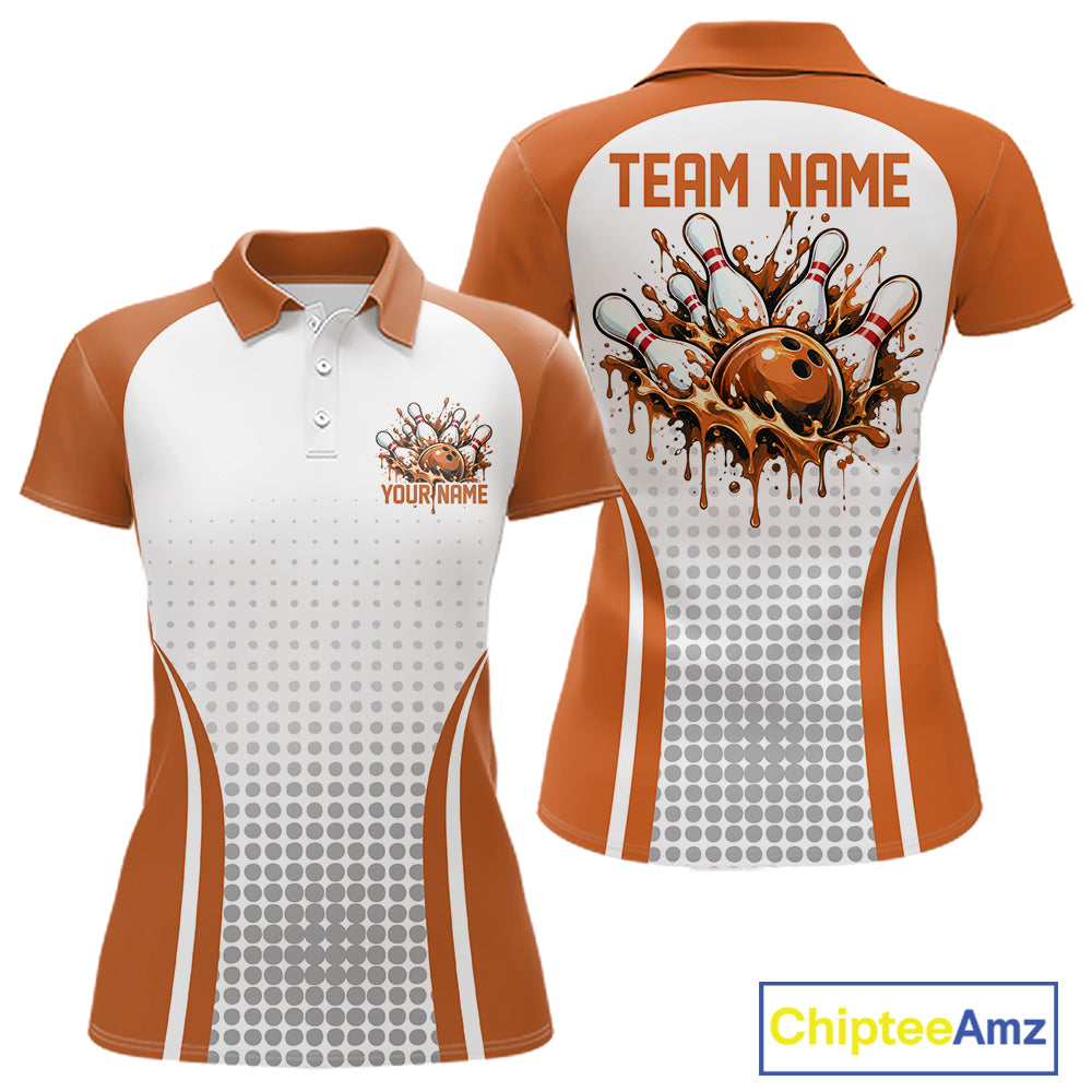 Custom White And Orange Dripping Bowling League Polo Shirt, Team Tournament Jersey