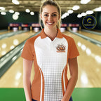 Custom White And Orange Dripping Bowling League Polo Shirt, Team Tournament Jersey