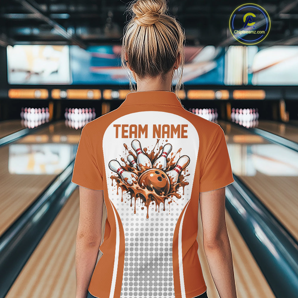 Custom White And Orange Dripping Bowling League Polo Shirt, Team Tournament Jersey
