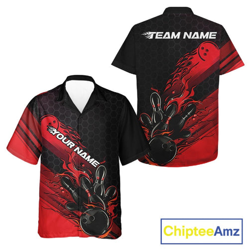 Custom Black And Red Flame Bowling Team Shirts, Bowling League Shirt And Bowling Jersey