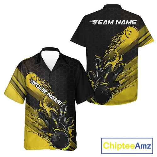 Custom Black And Yellow Flame Bowling Team Shirts, Bowling League Shirt And Bowling Jersey