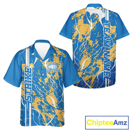 Custom Azure Blue And Yellow Camo Strike Bowling Shirt, And Bowling League Team Jerseys