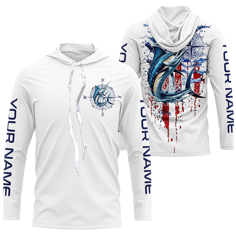 American Flag Marlin Fishing Custom Long Sleeve Fishing Shirts, Patriotic Saltwater Fishing Shirt
