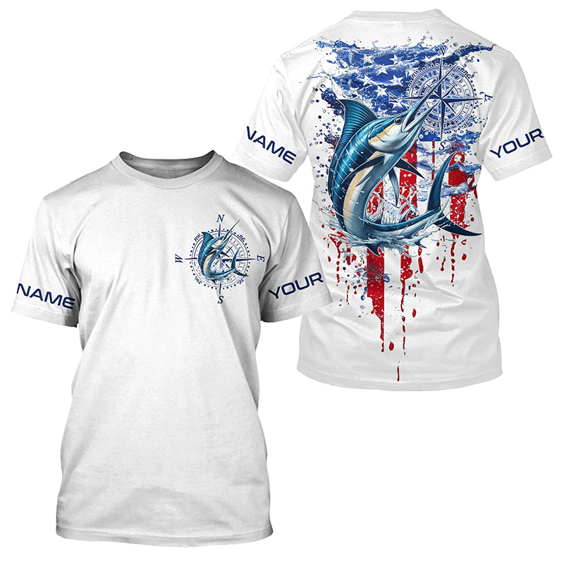 American Flag Marlin Fishing Custom Long Sleeve Fishing Shirts, Patriotic Saltwater Fishing Shirt