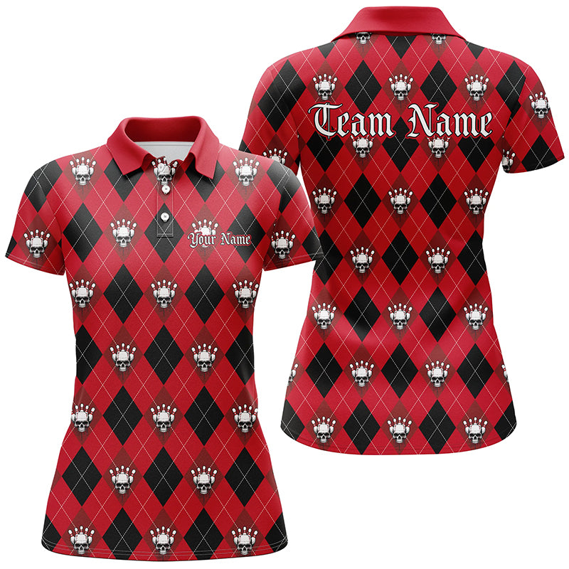 Black And Red Argyle Pattern Custom Skull Bowling Shirts, Halloween Outfit Bowling