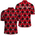 Black And Red Argyle Pattern Custom Skull Bowling Shirts, Halloween Outfit Bowling