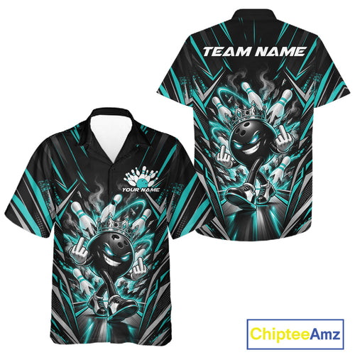 Custom Black And Turquoise Blue Funny Bowling Ball With Crown Bowling Team And Button Up Shirt