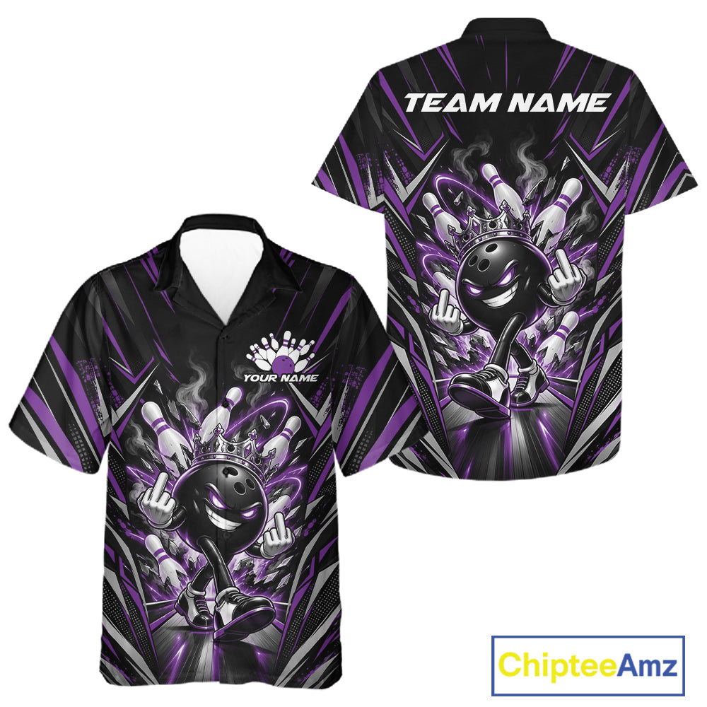 Custom Black And Purple Funny Bowling Ball With Crown Bowling Team And Button Up Shirt