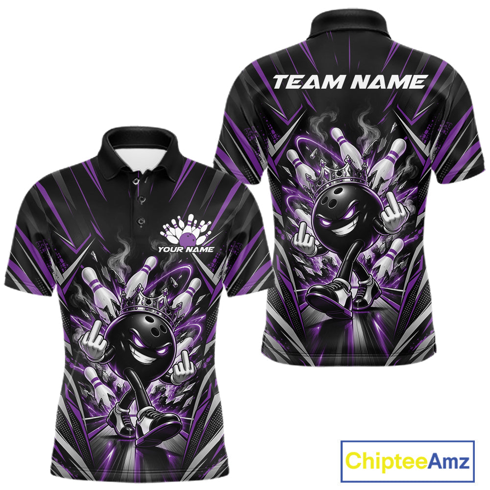 Custom Black And Purple Funny Bowling Ball With Crown Bowling Team Polo Shirt