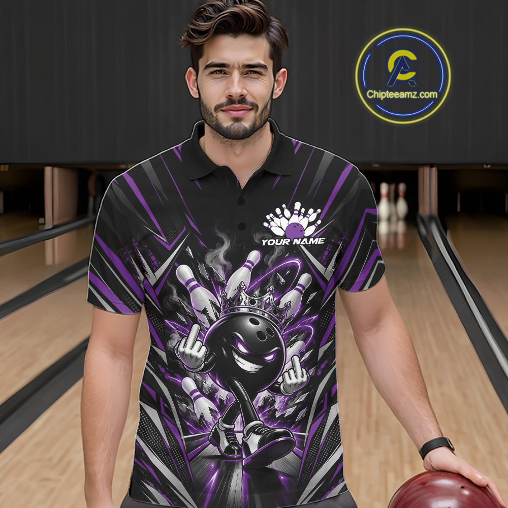 Custom Black And Purple Funny Bowling Ball With Crown Bowling Team Polo Shirt