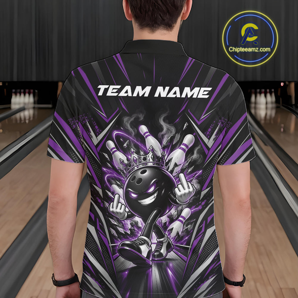 Custom Black And Purple Funny Bowling Ball With Crown Bowling Team Polo Shirt