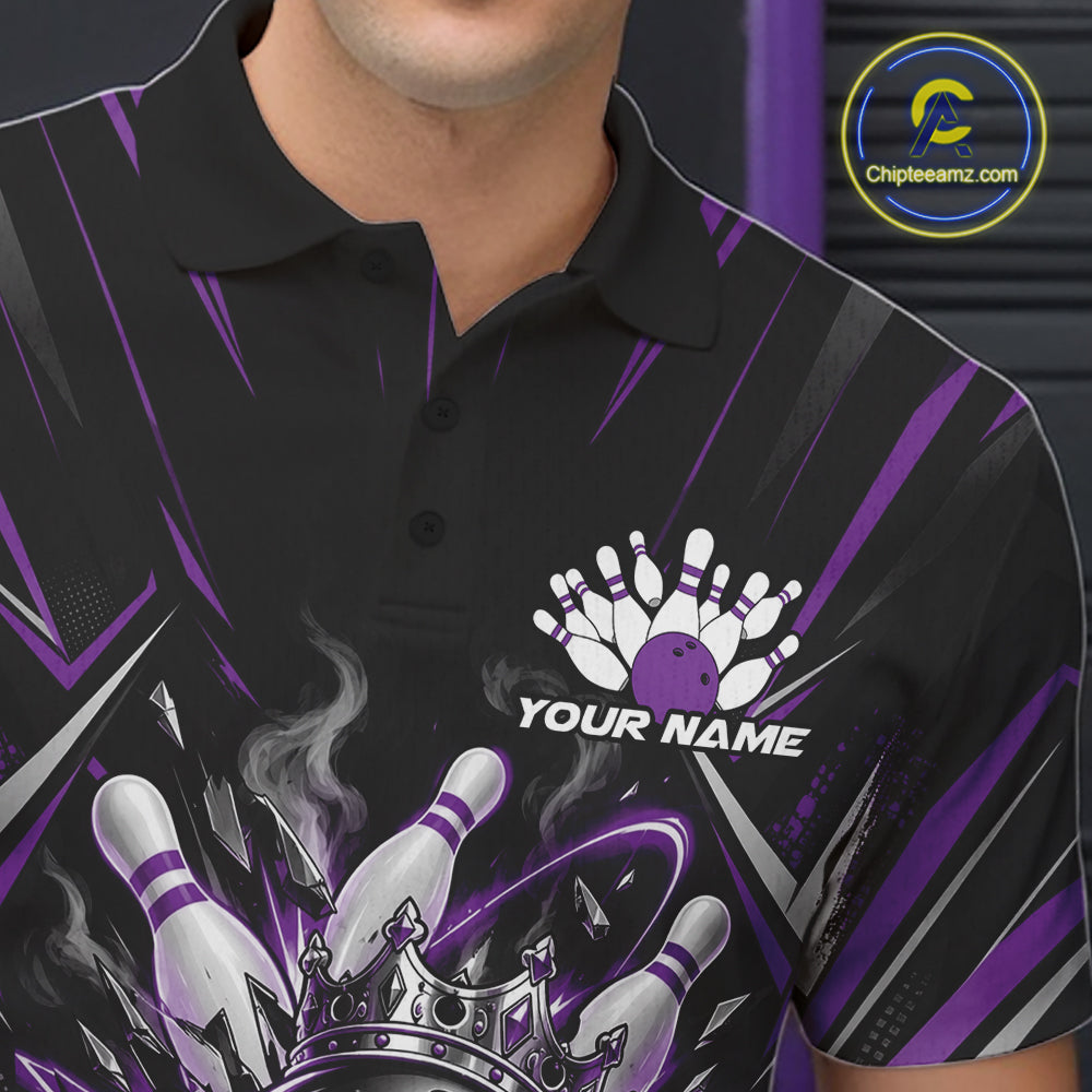 Custom Black And Purple Funny Bowling Ball With Crown Bowling Team Polo Shirt