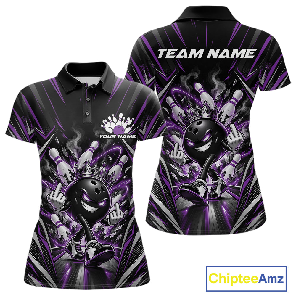 Custom Black And Purple Funny Bowling Ball With Crown Bowling Team Polo Shirt