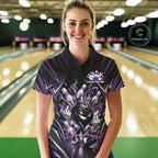Custom Black And Purple Funny Bowling Ball With Crown Bowling Team Polo Shirt